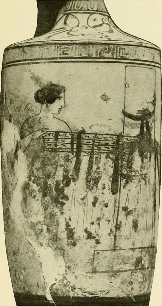 An illustration from Athenian lekythoi : with outline drawing in matt color on a white ground : appendix: additional lekythoi with outline drawing in glaze varnish on a white ground, 1914, leaf 300