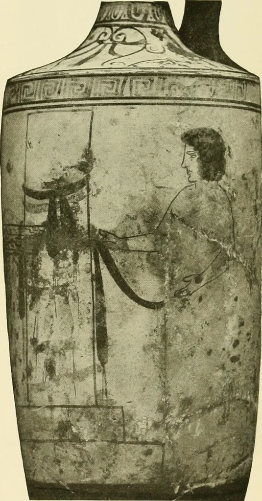 An illustration from Athenian lekythoi : with outline drawing in matt color on a white ground : appendix: additional lekythoi with outline drawing in glaze varnish on a white ground, 1914, leaf 300
