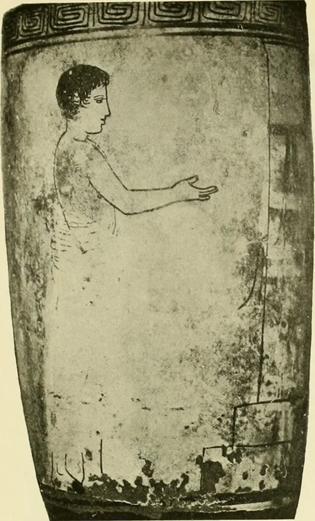 An illustration from Athenian lekythoi : with outline drawing in matt color on a white ground : appendix: additional lekythoi with outline drawing in glaze varnish on a white ground, 1914, leaf 302