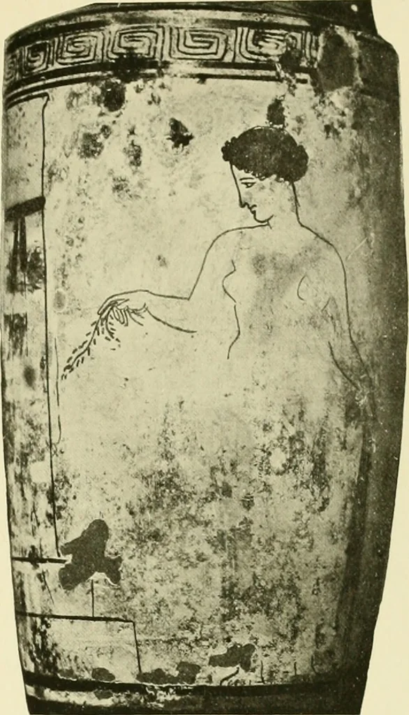 An illustration from Athenian lekythoi : with outline drawing in matt color on a white ground : appendix: additional lekythoi with outline drawing in glaze varnish on a white ground, 1914, leaf 302