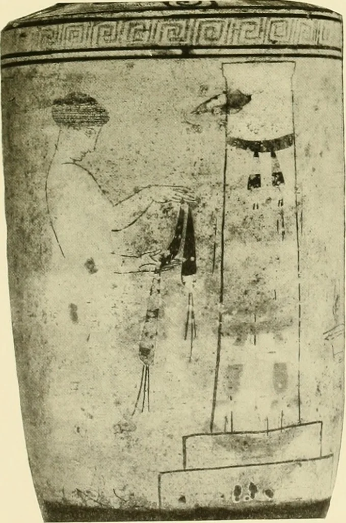 An illustration from Athenian lekythoi : with outline drawing in matt color on a white ground : appendix: additional lekythoi with outline drawing in glaze varnish on a white ground, 1914, leaf 302