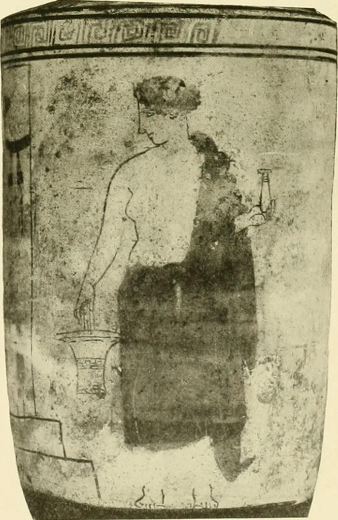 An illustration from Athenian lekythoi : with outline drawing in matt color on a white ground : appendix: additional lekythoi with outline drawing in glaze varnish on a white ground, 1914, leaf 302