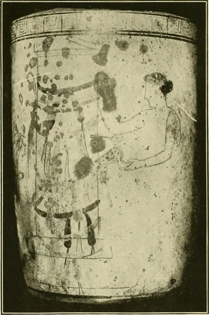 An illustration from Athenian lekythoi : with outline drawing in matt color on a white ground : appendix: additional lekythoi with outline drawing in glaze varnish on a white ground, 1914, leaf 304