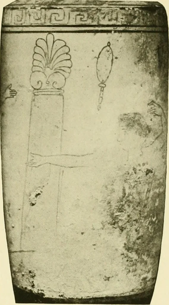 An illustration from Athenian lekythoi : with outline drawing in matt color on a white ground : appendix: additional lekythoi with outline drawing in glaze varnish on a white ground, 1914, leaf 306