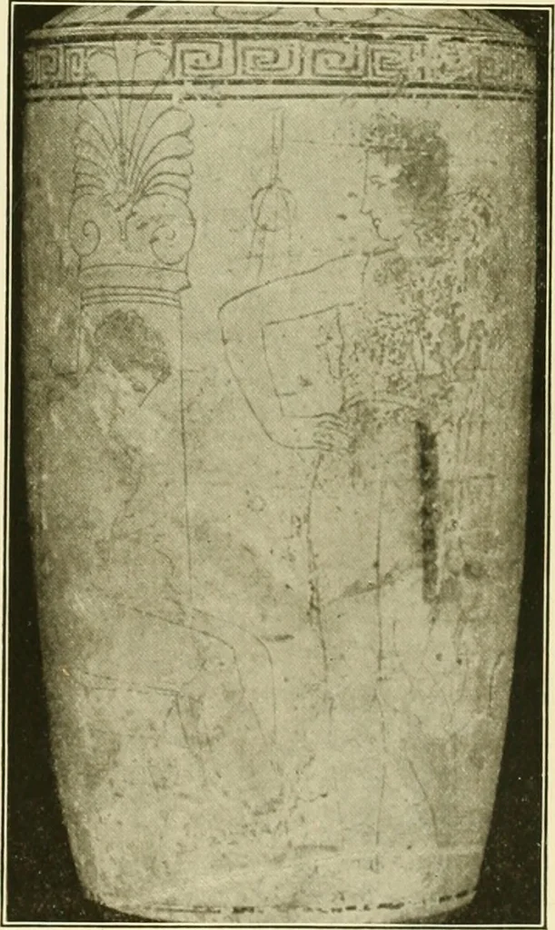An illustration from Athenian lekythoi : with outline drawing in matt color on a white ground : appendix: additional lekythoi with outline drawing in glaze varnish on a white ground, 1914, leaf 308