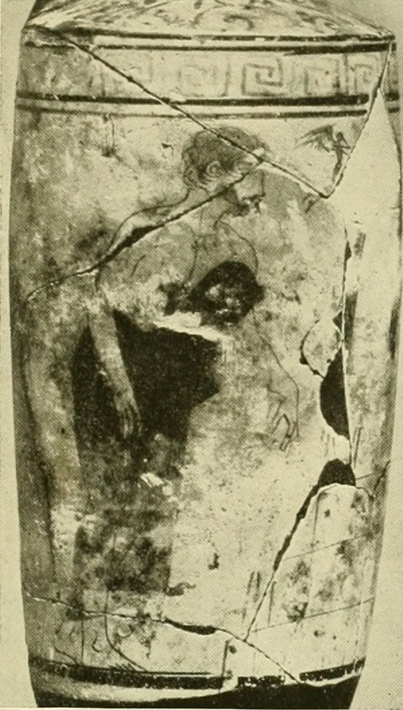 An illustration from Athenian lekythoi : with outline drawing in matt color on a white ground : appendix: additional lekythoi with outline drawing in glaze varnish on a white ground, 1914, leaf 310