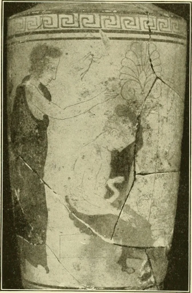 An illustration from Athenian lekythoi : with outline drawing in matt color on a white ground : appendix: additional lekythoi with outline drawing in glaze varnish on a white ground, 1914, leaf 310