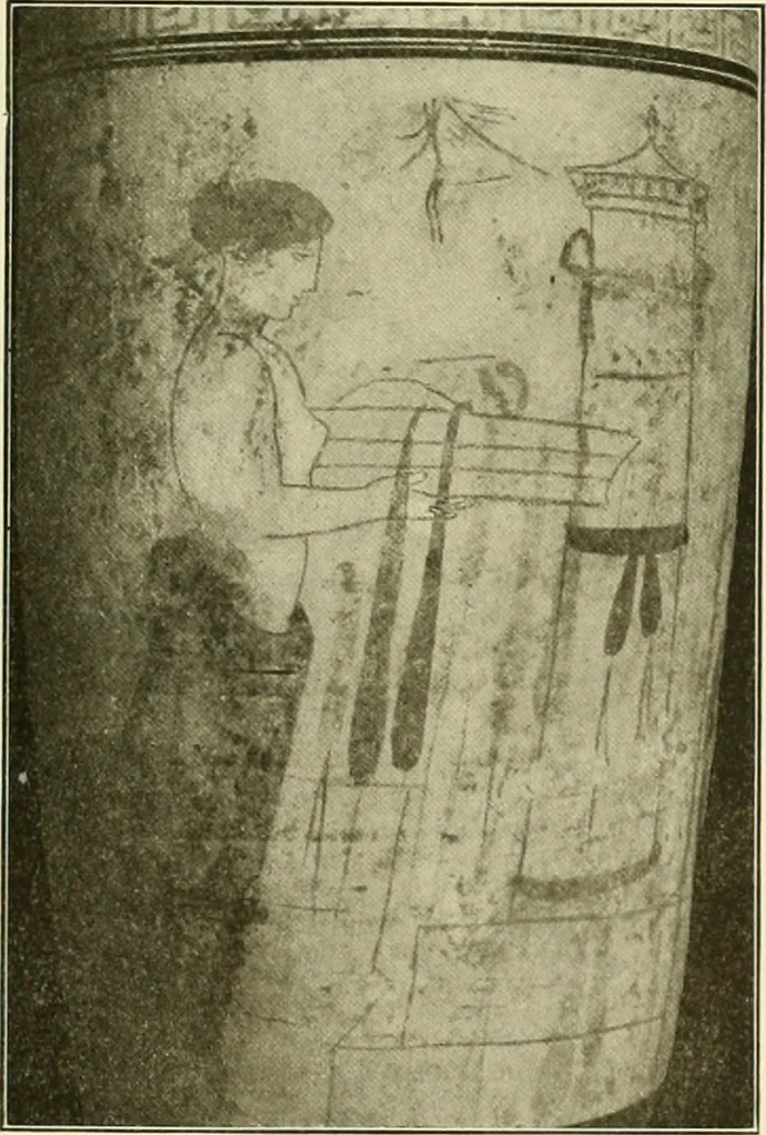 An illustration from Athenian lekythoi : with outline drawing in matt color on a white ground : appendix: additional lekythoi with outline drawing in glaze varnish on a white ground, 1914, leaf 310