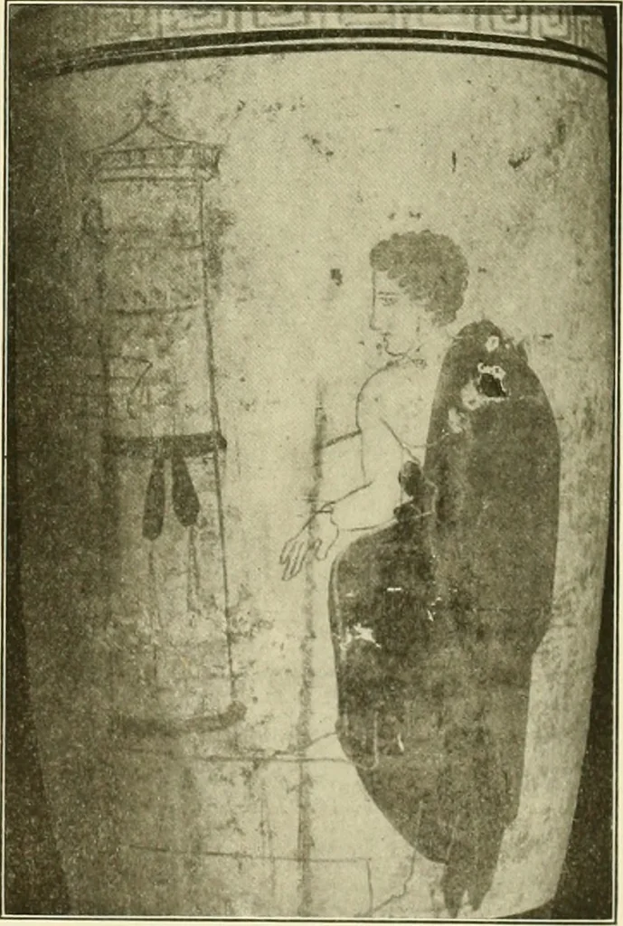 An illustration from Athenian lekythoi : with outline drawing in matt color on a white ground : appendix: additional lekythoi with outline drawing in glaze varnish on a white ground, 1914, leaf 310