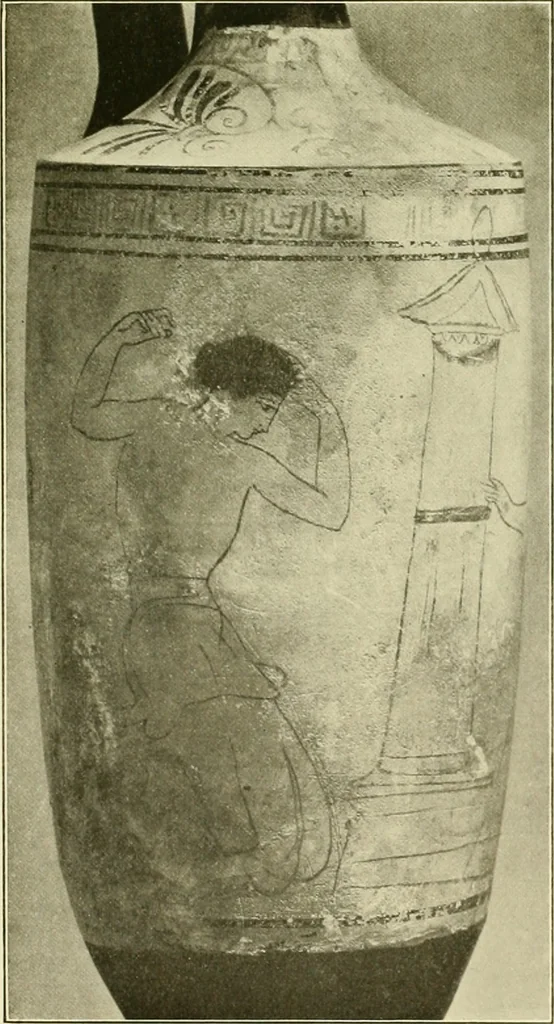 An illustration from Athenian lekythoi : with outline drawing in matt color on a white ground : appendix: additional lekythoi with outline drawing in glaze varnish on a white ground, 1914, leaf 312