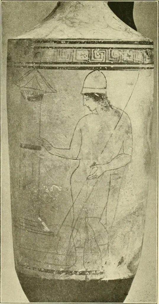 An illustration from Athenian lekythoi : with outline drawing in matt color on a white ground : appendix: additional lekythoi with outline drawing in glaze varnish on a white ground, 1914, leaf 312