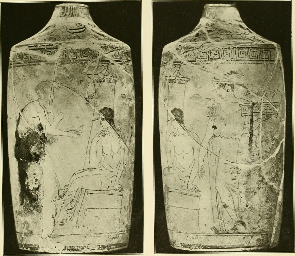 An illustration from Athenian lekythoi : with outline drawing in matt color on a white ground : appendix: additional lekythoi with outline drawing in glaze varnish on a white ground, 1914, leaf 314