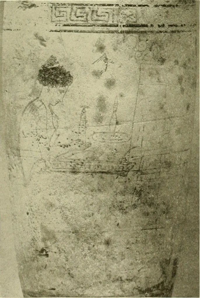 An illustration from Athenian lekythoi : with outline drawing in matt color on a white ground : appendix: additional lekythoi with outline drawing in glaze varnish on a white ground, 1914, leaf 318