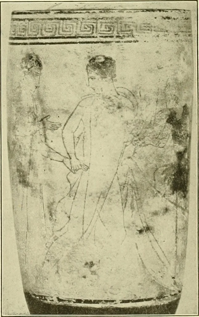 An illustration from Athenian lekythoi : with outline drawing in matt color on a white ground : appendix: additional lekythoi with outline drawing in glaze varnish on a white ground, 1914, leaf 318