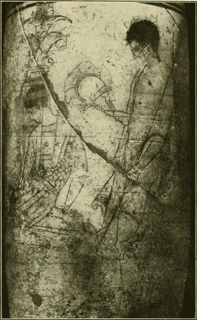An illustration from Athenian lekythoi : with outline drawing in matt color on a white ground : appendix: additional lekythoi with outline drawing in glaze varnish on a white ground, 1914, leaf 320