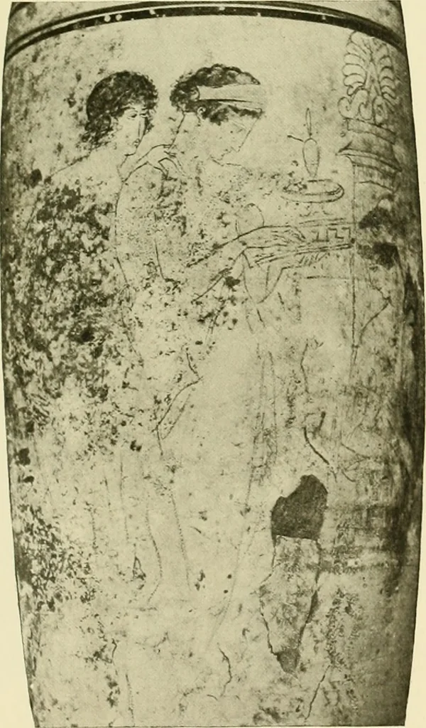 An illustration from Athenian lekythoi : with outline drawing in matt color on a white ground : appendix: additional lekythoi with outline drawing in glaze varnish on a white ground, 1914, leaf 320