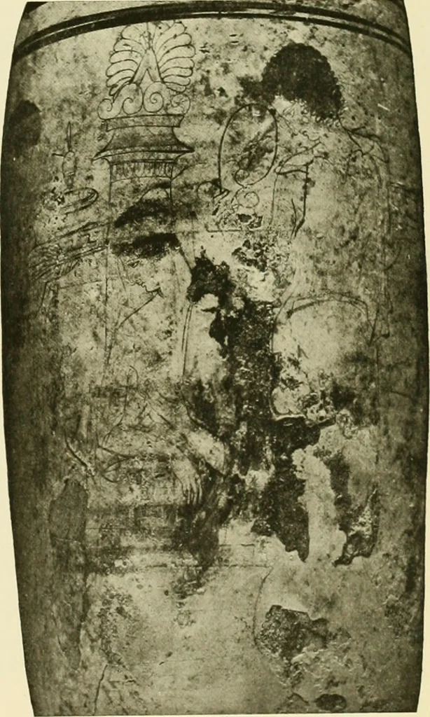 An illustration from Athenian lekythoi : with outline drawing in matt color on a white ground : appendix: additional lekythoi with outline drawing in glaze varnish on a white ground, 1914, leaf 320