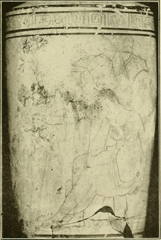 An illustration from Athenian lekythoi : with outline drawing in matt color on a white ground : appendix: additional lekythoi with outline drawing in glaze varnish on a white ground, 1914, leaf 322