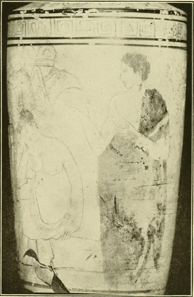 An illustration from Athenian lekythoi : with outline drawing in matt color on a white ground : appendix: additional lekythoi with outline drawing in glaze varnish on a white ground, 1914, leaf 322