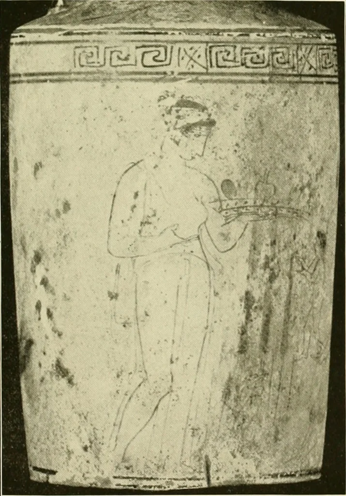 An illustration from Athenian lekythoi : with outline drawing in matt color on a white ground : appendix: additional lekythoi with outline drawing in glaze varnish on a white ground, 1914, leaf 324
