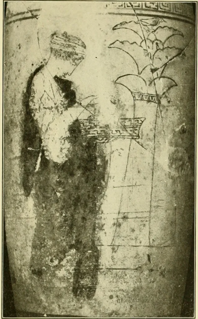 An illustration from Athenian lekythoi : with outline drawing in matt color on a white ground : appendix: additional lekythoi with outline drawing in glaze varnish on a white ground, 1914, leaf 326