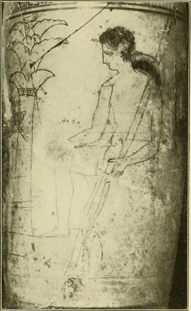 An illustration from Athenian lekythoi : with outline drawing in matt color on a white ground : appendix: additional lekythoi with outline drawing in glaze varnish on a white ground, 1914, leaf 326