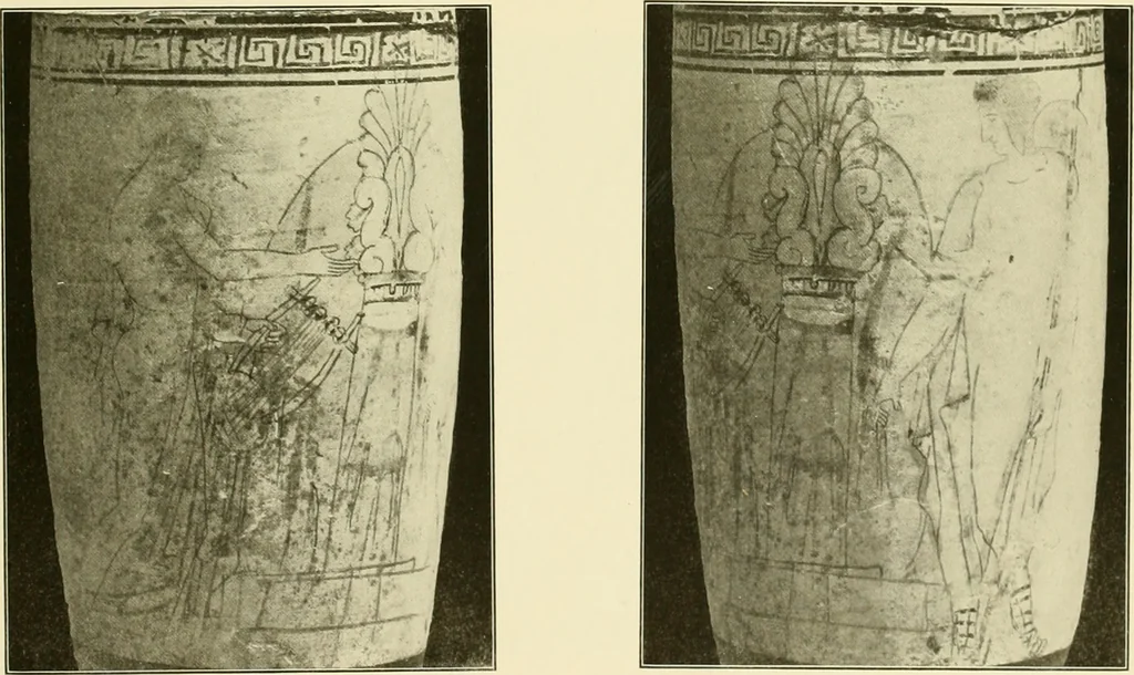 An illustration from Athenian lekythoi : with outline drawing in matt color on a white ground : appendix: additional lekythoi with outline drawing in glaze varnish on a white ground, 1914, leaf 326
