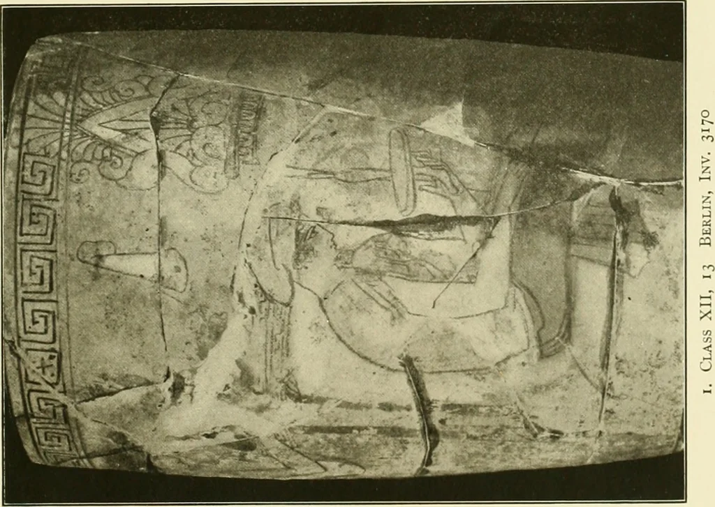 An illustration from Athenian lekythoi : with outline drawing in matt color on a white ground : appendix: additional lekythoi with outline drawing in glaze varnish on a white ground, 1914, leaf 328