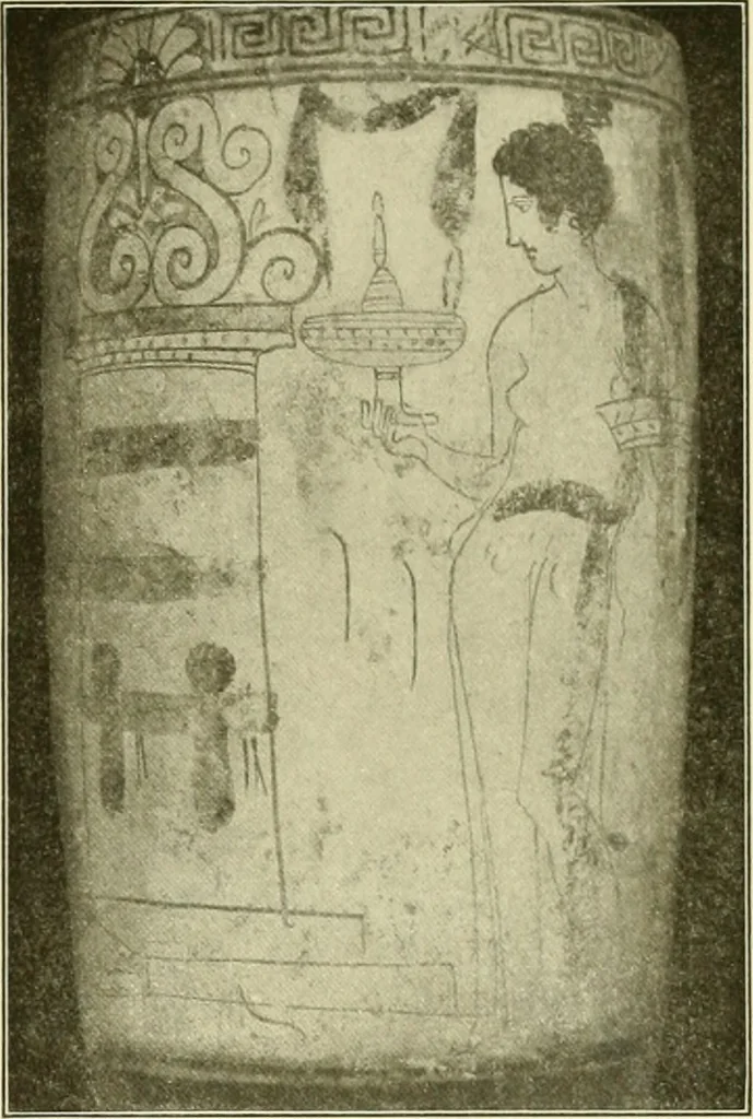 An illustration from Athenian lekythoi : with outline drawing in matt color on a white ground : appendix: additional lekythoi with outline drawing in glaze varnish on a white ground, 1914, leaf 330