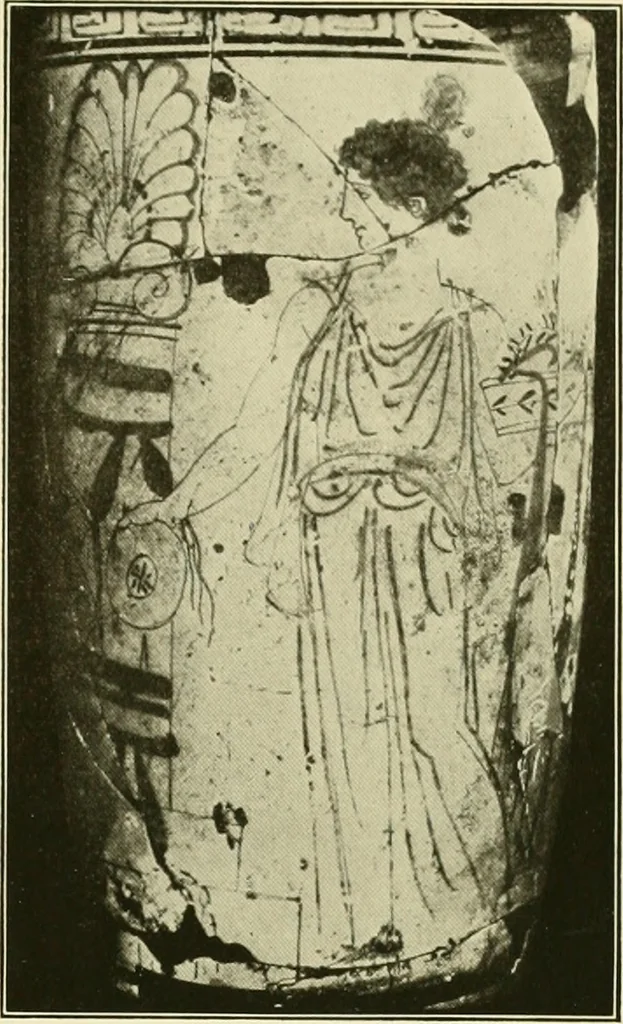 An illustration from Athenian lekythoi : with outline drawing in matt color on a white ground : appendix: additional lekythoi with outline drawing in glaze varnish on a white ground, 1914, leaf 332