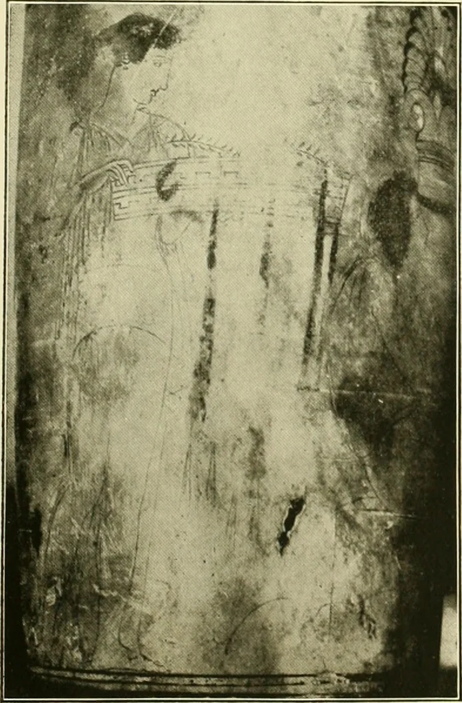 An illustration from Athenian lekythoi : with outline drawing in matt color on a white ground : appendix: additional lekythoi with outline drawing in glaze varnish on a white ground, 1914, leaf 332