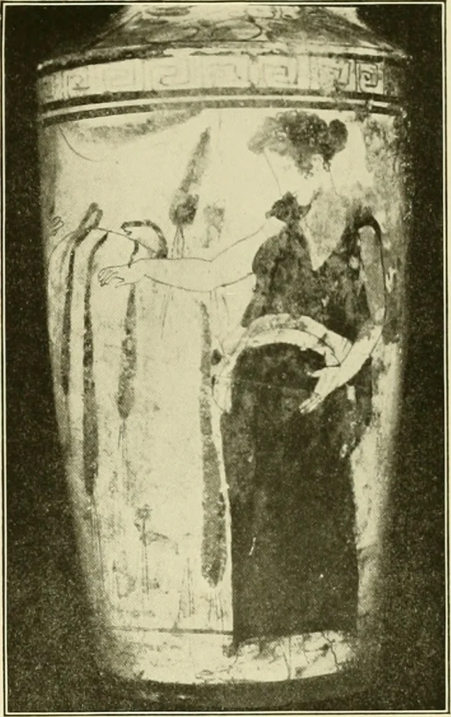 An illustration from Athenian lekythoi : with outline drawing in matt color on a white ground : appendix: additional lekythoi with outline drawing in glaze varnish on a white ground, 1914, leaf 334