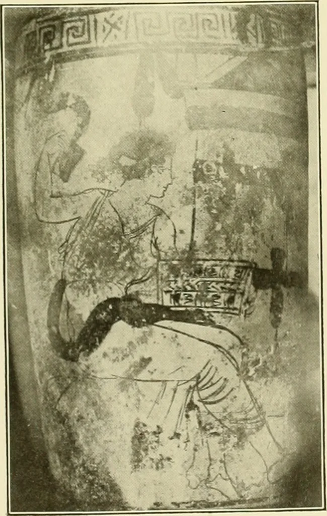 An illustration from Athenian lekythoi : with outline drawing in matt color on a white ground : appendix: additional lekythoi with outline drawing in glaze varnish on a white ground, 1914, leaf 334