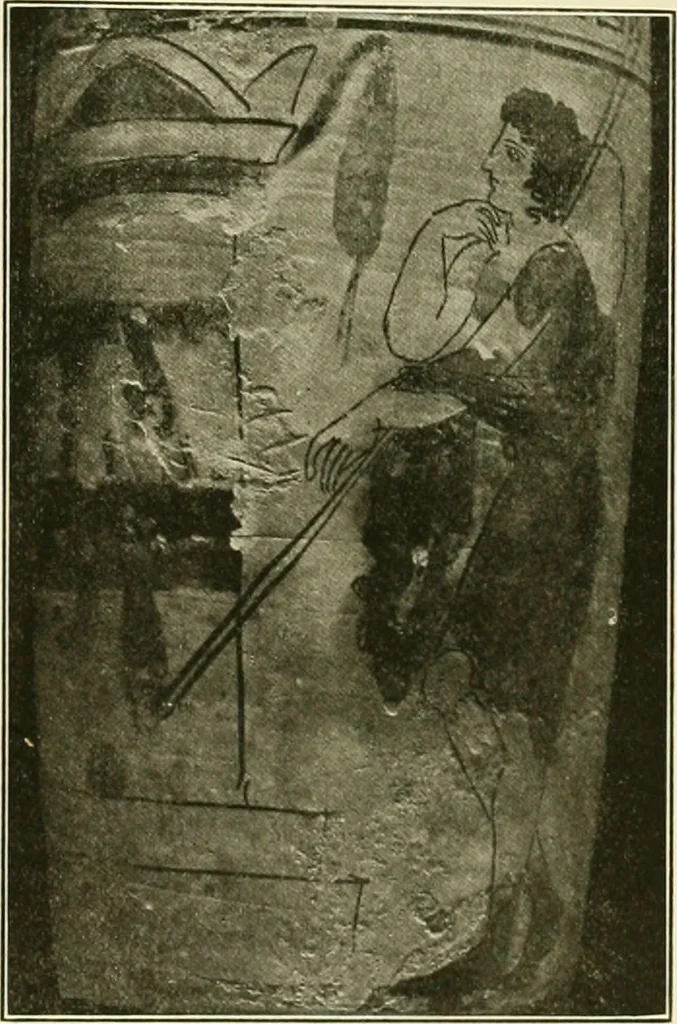 An illustration from Athenian lekythoi : with outline drawing in matt color on a white ground : appendix: additional lekythoi with outline drawing in glaze varnish on a white ground, 1914, leaf 336