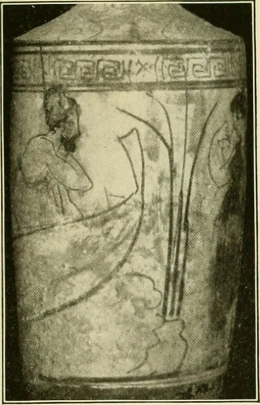 An illustration from Athenian lekythoi : with outline drawing in matt color on a white ground : appendix: additional lekythoi with outline drawing in glaze varnish on a white ground, 1914, leaf 338