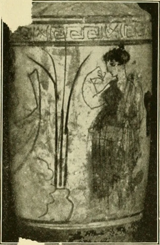 An illustration from Athenian lekythoi : with outline drawing in matt color on a white ground : appendix: additional lekythoi with outline drawing in glaze varnish on a white ground, 1914, leaf 338