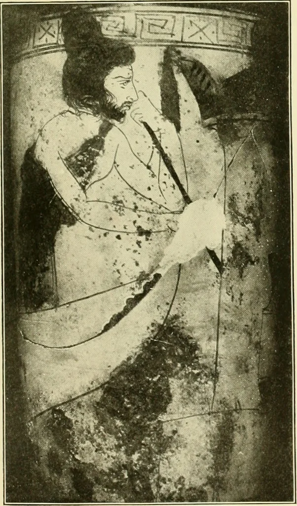An illustration from Athenian lekythoi : with outline drawing in matt color on a white ground : appendix: additional lekythoi with outline drawing in glaze varnish on a white ground, 1914, leaf 338