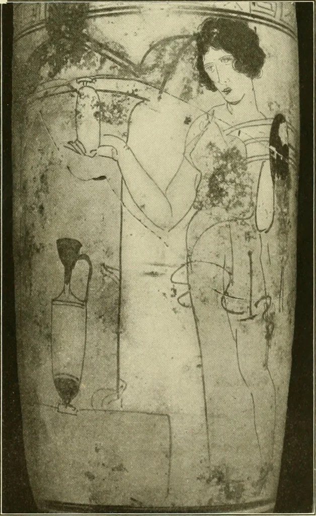 An illustration from Athenian lekythoi : with outline drawing in matt color on a white ground : appendix: additional lekythoi with outline drawing in glaze varnish on a white ground, 1914, leaf 338