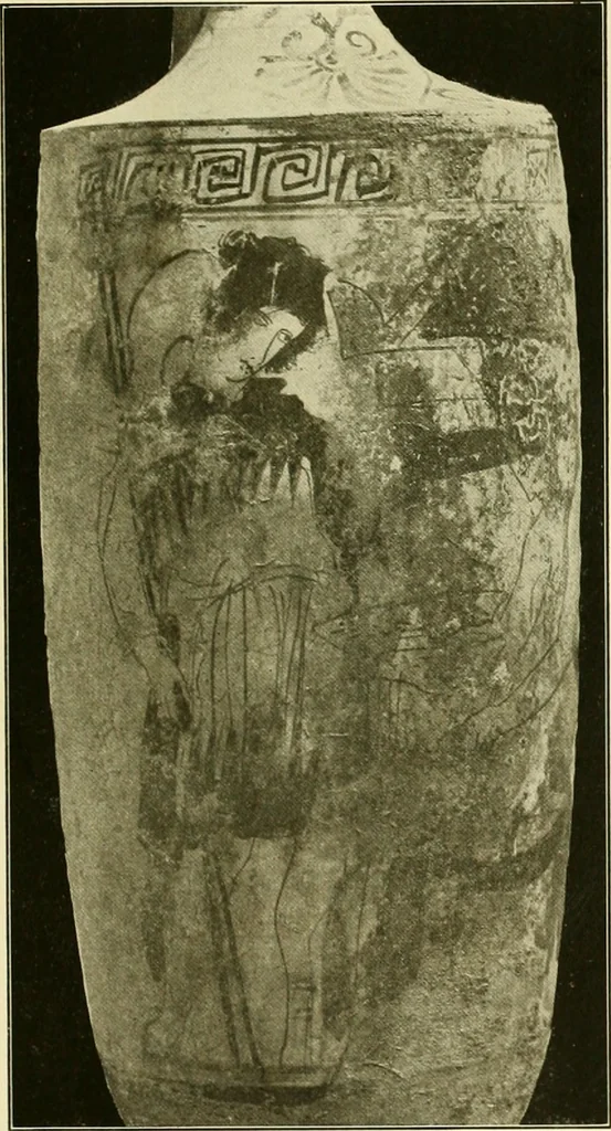 An illustration from Athenian lekythoi : with outline drawing in matt color on a white ground : appendix: additional lekythoi with outline drawing in glaze varnish on a white ground, 1914, leaf 342