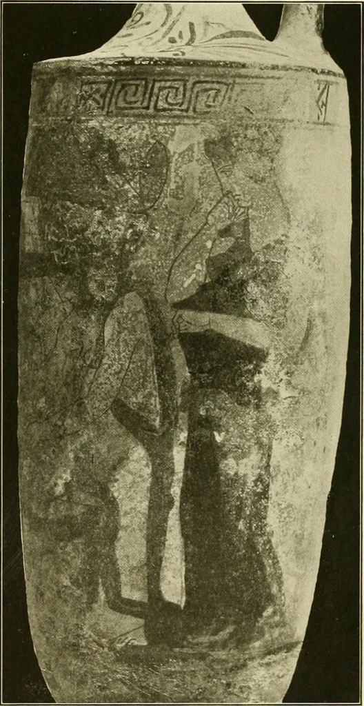 An illustration from Athenian lekythoi : with outline drawing in matt color on a white ground : appendix: additional lekythoi with outline drawing in glaze varnish on a white ground, 1914, leaf 342