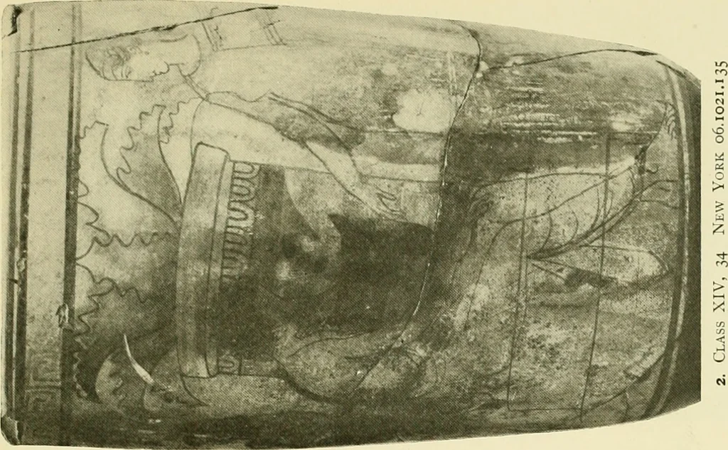 An illustration from Athenian lekythoi : with outline drawing in matt color on a white ground : appendix: additional lekythoi with outline drawing in glaze varnish on a white ground, 1914, leaf 344