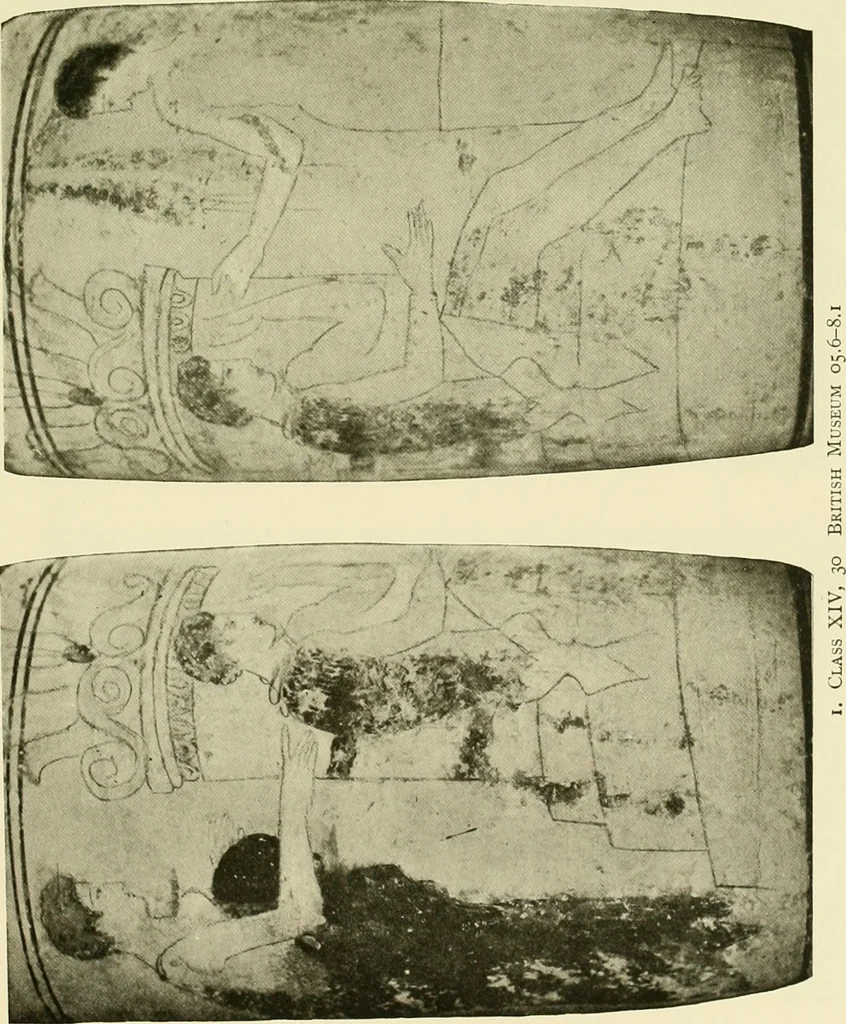 An illustration from Athenian lekythoi : with outline drawing in matt color on a white ground : appendix: additional lekythoi with outline drawing in glaze varnish on a white ground, 1914, leaf 344