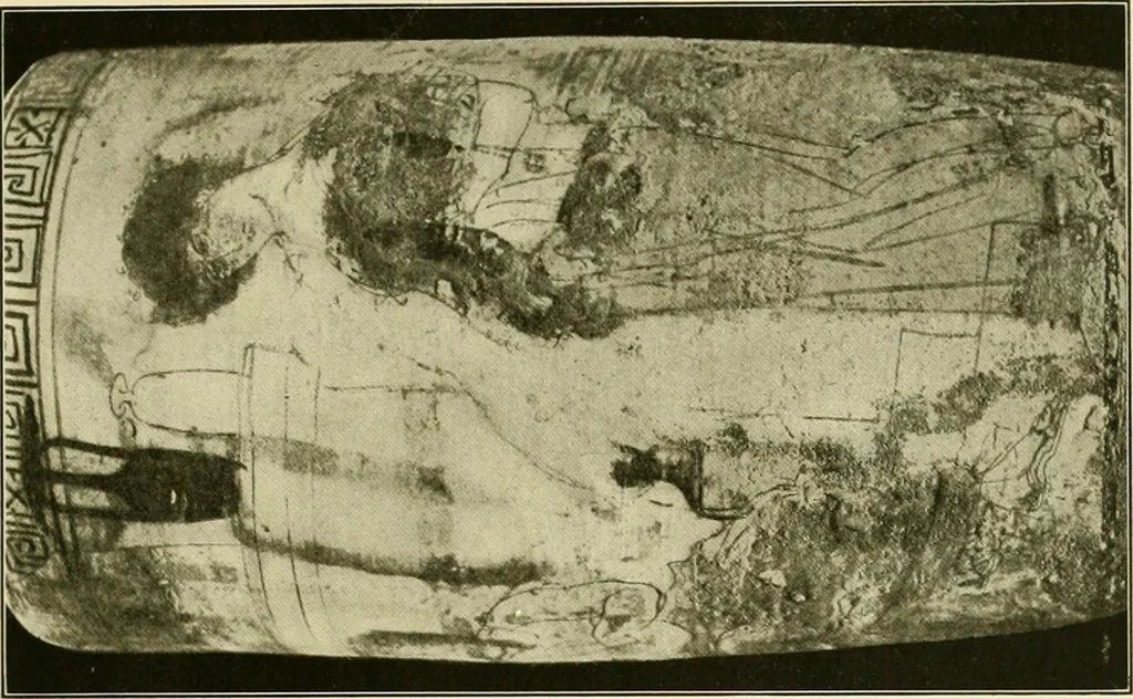 An illustration from Athenian lekythoi : with outline drawing in matt color on a white ground : appendix: additional lekythoi with outline drawing in glaze varnish on a white ground, 1914, leaf 346