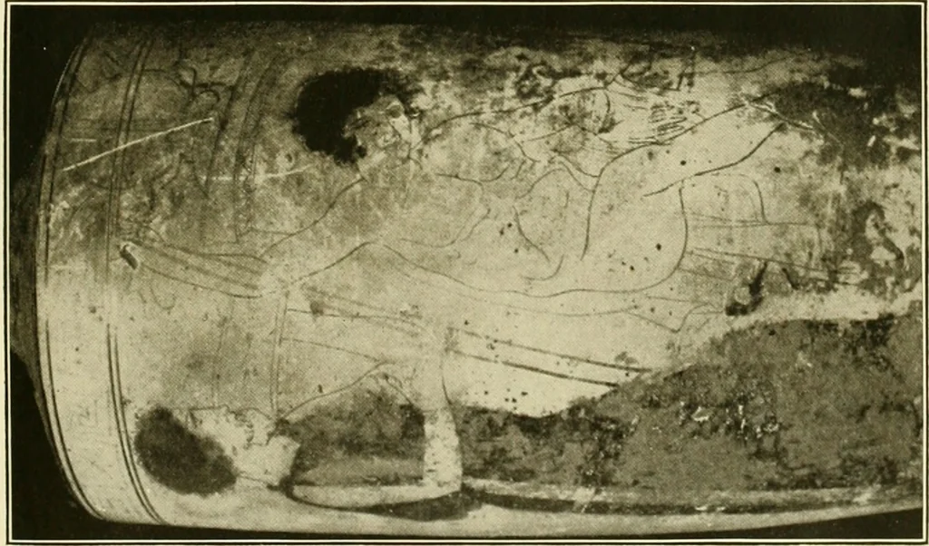 An illustration from Athenian lekythoi : with outline drawing in matt color on a white ground : appendix: additional lekythoi with outline drawing in glaze varnish on a white ground, 1914, leaf 346