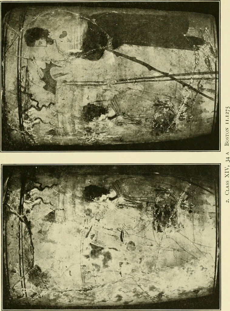 An illustration from Athenian lekythoi : with outline drawing in matt color on a white ground : appendix: additional lekythoi with outline drawing in glaze varnish on a white ground, 1914, leaf 348