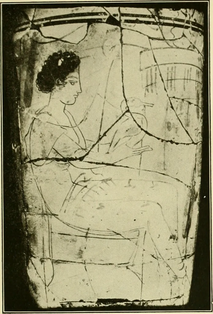 An illustration from Athenian lekythoi : with outline drawing in matt color on a white ground : appendix: additional lekythoi with outline drawing in glaze varnish on a white ground, 1914, leaf 350