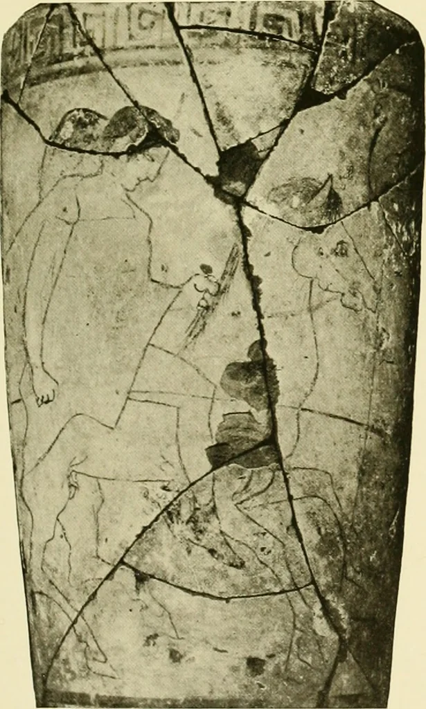An illustration from Athenian lekythoi : with outline drawing in matt color on a white ground : appendix: additional lekythoi with outline drawing in glaze varnish on a white ground, 1914, leaf 350