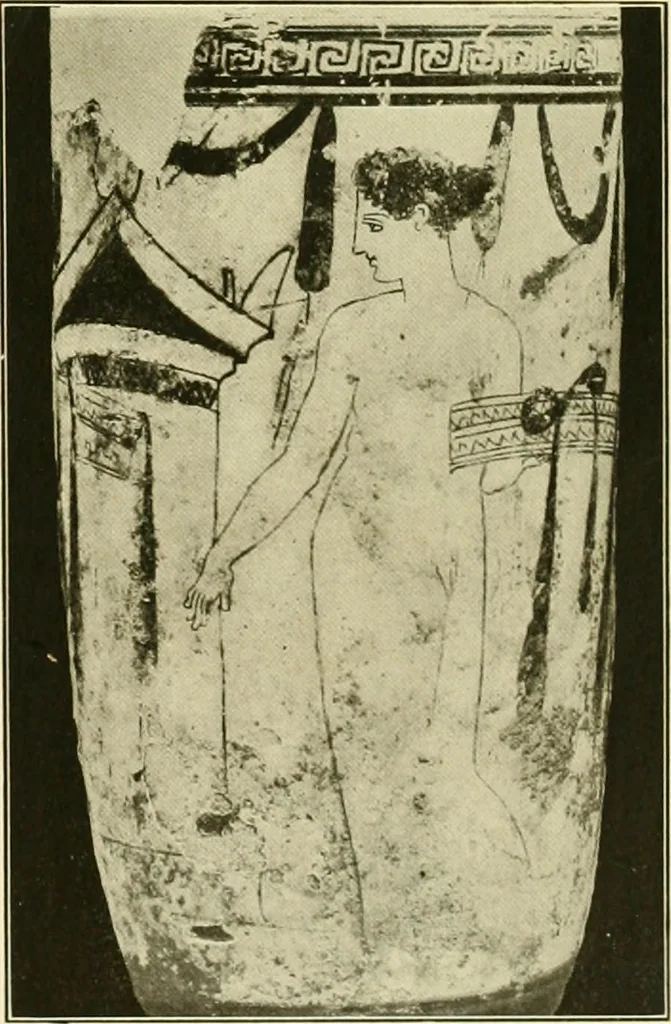 An illustration from Athenian lekythoi : with outline drawing in matt color on a white ground : appendix: additional lekythoi with outline drawing in glaze varnish on a white ground, 1914, leaf 350