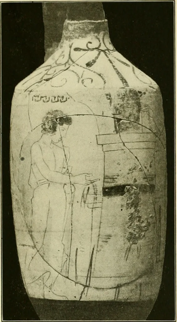 An illustration from Athenian lekythoi : with outline drawing in matt color on a white ground : appendix: additional lekythoi with outline drawing in glaze varnish on a white ground, 1914, leaf 352