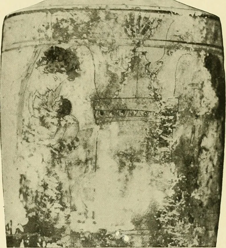 An illustration from Athenian lekythoi : with outline drawing in matt color on a white ground : appendix: additional lekythoi with outline drawing in glaze varnish on a white ground, 1914, leaf 352